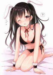 Rule 34 | 1girl, ;o, ?, absurdres, animal ears, arm support, bare shoulders, barefoot, bed sheet, black bra, black hair, black panties, blush, bra, breasts, cleavage, collarbone, head tilt, highres, long hair, looking at viewer, medium breasts, navel, neck ribbon, notice lines, one eye closed, original, panties, parted lips, rabbit ears, rabbit girl, rabbit tail, red eyes, red ribbon, ribbon, sakura hiyori, scan, seiza, side-tie panties, sitting, soles, solo, spoken question mark, tail, thighs, two side up, underwear, underwear only, very long hair, wavy hair, white background, wrist cuffs