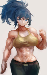 Rule 34 | 1girl, abs, absurdres, bare arms, biceps, blue eyes, blue hair, breasts, camouflage, camouflage pants, hatano kiyoshi, highres, large breasts, leona heidern, looking at viewer, muscular, muscular female, pants, snk, solo, standing, tank top, the king of fighters, the king of fighters xv, yellow tank top