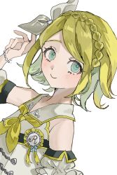 Rule 34 | 1girl, adjusting clothes, adjusting headwear, bare shoulders, blonde hair, blue eyes, blush, bow, bracelet, braid, closed mouth, crown braid, detached sleeves, dot nose, dutch angle, from side, hair bow, hand up, highres, inu totemo, jewelry, kagamine rin, long sleeves, looking at viewer, more more jump! rin, neckerchief, parted bangs, project sekai, ribbon, sailor collar, shirt, short hair, sidelocks, simple background, sleeveless, sleeveless shirt, smile, solo, upper body, vocaloid, white background, white bow, white sailor collar, white shirt, white sleeves, yellow neckerchief