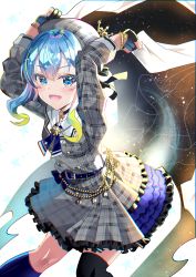 Rule 34 | 1girl, :d, absurdres, arms up, asymmetrical legwear, bead belt, bead bracelet, beads, belt, beret, black gloves, black socks, blue belt, blue eyes, blue hair, blue necktie, blue socks, blush, bracelet, choker, commentary request, dress, gloves, green hair, grey dress, grey hat, hat, highres, holding, hololive, hoshimachi suisei, hoshimachi suisei (1st costume), jewelry, kneehighs, long sleeves, looking at viewer, mismatched legwear, multicolored hair, necktie, open mouth, partially fingerless gloves, pink hair, plaid, plaid dress, plaid headwear, pleated dress, sho (runatic moon), single kneehigh, single sock, single thighhigh, sleeves rolled up, smile, socks, solo, space print, standing, star (symbol), star choker, star in eye, starry sky print, streaked hair, symbol in eye, thighhighs, virtual youtuber