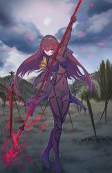 Rule 34 | armor, bodysuit, breasts, covered navel, darkgreyclouds, fate/grand order, fate (series), gae bolg (fate), highres, holding, holding weapon, large breasts, long hair, looking at viewer, pauldrons, polearm, purple bodysuit, purple hair, red eyes, scathach (fate), shoulder armor, solo, spear, veil, weapon