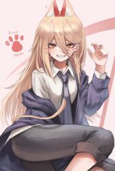 Rule 34 | 1girl, animal ears, animal hands, blonde hair, blue jacket, blue necktie, cat ears, cat paws, cat tail, chainsaw man, character name, claw pose, collared shirt, cross-shaped pupils, deyo (nicijyou), drawn whiskers, hair between eyes, highres, jacket, kemonomimi mode, long hair, looking at viewer, necktie, off shoulder, pants, pants rolled up, parted lips, power (chainsaw man), scythe, sharp teeth, shirt, simple background, smile, solo, symbol-shaped pupils, tail, teeth, white background, white shirt, yellow eyes
