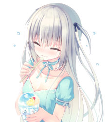 Rule 34 | 1girl, blue bow, blue dress, blush, bow, closed eyes, closed mouth, collarbone, cup, disposable cup, dress, drinking straw, facing viewer, flower, food, hair between eyes, hair ornament, highres, holding, holding cup, holding drinking straw, holding spoon, humuyun, long hair, nose blush, original, puffy short sleeves, puffy sleeves, rabbit hair ornament, shaved ice, short sleeves, silver hair, simple background, solo, spoon, sweat, two side up, very long hair, wavy mouth, white background, white flower