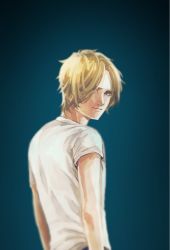Rule 34 | 1boy, arms at sides, ash lynx, banana fish, blue background, buffalonayako, highres, looking at viewer, looking back, male focus, shirt, simple background, solo, standing, t-shirt, white shirt