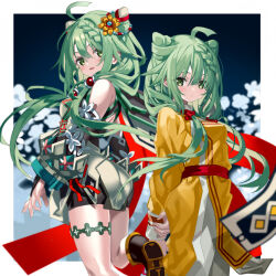 Rule 34 | 2girls, :d, :o, ahoge, arm at side, arm behind back, ass, blue background, blush, boots, border, braid, braided bangs, breasts, commentary request, cone hair bun, detached sleeves, double bun, dress, dual persona, flower, from behind, green eyes, green hair, hair bun, hair flower, hair ornament, heruka (madoka magica), highres, leg up, long dress, long hair, long sleeves, looking at viewer, low twintails, magia record: mahou shoujo madoka magica gaiden, mahou shoujo madoka magica, medium breasts, multicolored clothes, multicolored dress, multiple girls, open mouth, outside border, pants, pants under dress, parted lips, red sash, sash, scarf, shino (eefy), short dress, side slit, smile, solo, thighlet, twintails, uniform, very long hair, white border, white pants, yellow dress, yellow flower