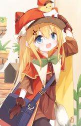 Rule 34 | 1girl, :d, animal, animal ears, animal hat, animal on head, arm up, bag, bird, black pantyhose, blonde hair, blue eyes, blush, brown dress, brown gloves, capelet, chick, commentary request, dress, envelope, fake animal ears, flat cap, gloves, hair between eyes, hair ornament, hairclip, hand on headwear, hat, jacket, key, long hair, long sleeves, looking away, on head, open mouth, original, pantyhose, red capelet, red hat, red jacket, shoulder bag, smile, solo, very long hair, x hair ornament, yuuhagi (amaretto-no-natsu)