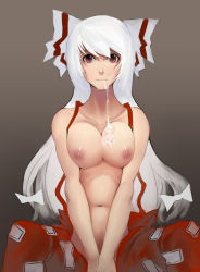 Rule 34 | 1girl, after fellatio, bad id, bad pixiv id, bow, breast suppress, breasts, brown eyes, cum, cum in mouth, cum on body, cum on breasts, cum on upper body, cumdrip, expressionless, facial, fujiwara no mokou, hair bow, hair ribbon, highres, jjune, large breasts, long hair, naked suspenders, navel, nipples, red eyes, ribbon, simple background, solo, spread legs, suspenders, topless, touhou, v arms, white hair