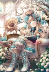 Rule 34 | 1girl, armchair, blonde hair, blue eyes, blue flower, blue rose, blunt bangs, bonnet, book, boots, bow, bowtie, chair, character doll, commentary, cross-laced footwear, day, doll, doll joints, dress, flower, frilled bow, frilled dress, frilled gloves, frills, gem, gloves, hair bow, hair flower, hair ornament, hat, highres, index finger raised, indoors, jacket, joints, key, long hair, looking at viewer, mini hat, mini top hat, open book, original, parted lips, petals, phonograph, pointing, rose, short sleeves, sitting, sparkle, sunlight, table, tareme, top hat, tree, white flower, white footwear, white gloves, white rose, window, yumeichigo alice