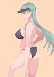 Rule 34 | 1girl, alternate costume, aqua eyes, aqua hair, bikini, black bikini, breasts, fish can 8, from side, grin, hair ornament, hairclip, highres, kantai collection, large breasts, looking at viewer, parted lips, profile, sideboob, simple background, smile, solo, suzuya (kancolle), swimsuit, v, visor cap