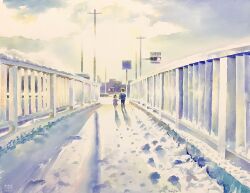 Rule 34 | 1boy, 1girl, blue sky, bridge, child, cloud, cloudy sky, day, didi daisukedoi, highres, original, painting (medium), railing, shadow, sky, sunlight, traditional media, watercolor (medium)