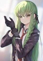 Rule 34 | 1girl, absurdres, black gloves, black jacket, black ribbon, braid, budgiepon, buttons, c.c., closed mouth, code geass, commentary, cosplay, danganronpa: trigger happy havoc, danganronpa (series), expressionless, eyelashes, eyes visible through hair, frown, glint, gloves, green hair, grey background, hair between eyes, hair ribbon, hands up, highres, jacket, kirigiri kyoko, kirigiri kyoko (cosplay), light blush, long hair, long sleeves, looking at viewer, necktie, open clothes, open jacket, own hands together, red necktie, ribbon, shirt, sidelighting, simple background, single braid, solo, straight hair, upper body, very long hair, white shirt, yellow eyes, zipper