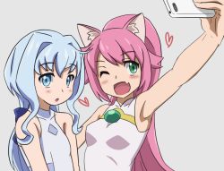 Rule 34 | 10s, 2girls, animal ears, arm up, armpits, bare shoulders, blue eyes, blue hair, blush, cat ears, cellphone, collarbone, commentary request, dress, fang, green eyes, gundam, gundam build divers, hair intakes, light blue hair, long hair, momo (gundam build divers), multiple girls, one eye closed, open mouth, phone, pink hair, ponytail, sara (gundam build divers), selfie, shirt, sleeveless, sleeveless dress, sleeveless shirt, smartphone, smile, taking picture, upper body, white dress, white shirt, yashiro momoka