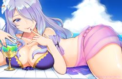Rule 34 | 1girl, artist name, asymmetrical bangs, bare shoulders, bikini, breasts, camilla (fire emblem), camilla (summer) (fire emblem), cleavage, cloud, cloudy sky, cup, day, drinking glass, fire emblem, fire emblem fates, fire emblem heroes, flower, hair flower, hair ornament, hair over one eye, hand to own mouth, large breasts, light purple hair, long hair, lying, nail polish, nintendo, o-ring, o-ring bikini, o-ring bottom, ocean, on stomach, parted bangs, pokey, purple eyes, purple nails, sash, see-through, sky, solo, swimsuit, tongue, tongue out