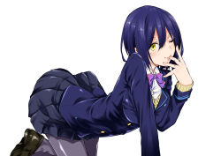 Rule 34 | 1girl, ;), arched back, blazer, blue hair, blue jacket, blush, bow, bowtie, brown footwear, closed mouth, collared shirt, finger in own mouth, fingernails, fukuyama naoto, grey pantyhose, hair between eyes, highres, jacket, loafers, looking at viewer, mole, mole under eye, nijisanji, one eye closed, pantyhose, purple bow, purple bowtie, shirt, shizuka rin, shoes, simple background, smile, solo, sweater, virtual youtuber, white background, white shirt, yellow eyes