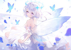 Rule 34 | 1girl, apple caramel, blue butterfly, breasts, bug, butterfly, butterfly wings, dress, fairy wings, halo, insect, insect wings, looking at viewer, looking back, original, purple eyes, sitting, skirt hold, small breasts, white dress, white hair, white wings, wings