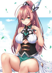 Rule 34 | 1girl, antenna hair, bare shoulders, blue sky, blush, braid, breasts, brown hair, cleavage, cloud, collarbone, corset, dragalia lost, green eyes, high ponytail, highres, large breasts, long hair, looking at viewer, louise (dragalia lost), parted lips, sideboob, sitting, sky, sleeveless, smile, solo, thighs, underboob, very long hair, ym (distance819)
