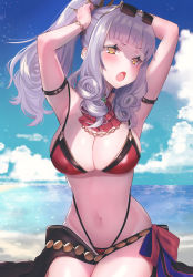 Rule 34 | 1girl, :o, absurdres, armpits, arms behind head, arms up, ascot, bare arms, bare shoulders, bikini, blue sky, bracelet, breasts, brown eyes, carmilla (fate), carmilla (summertime mistress) (fate), cleavage, cloud, cloudy sky, curly hair, day, eyewear on head, fate/grand order, fate (series), gradient sky, groin, hair ornament, highleg, highleg bikini, highleg swimsuit, highres, horizon, jewelry, large breasts, long hair, looking at viewer, navel, non-web source, ocean, open mouth, ponytail, red ascot, red bikini, sarong, scan, sidelocks, silver hair, sky, solo, sunglasses, suzuho hotaru, swimsuit, thighs