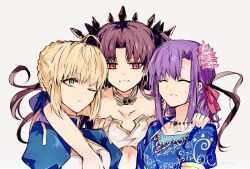 Rule 34 | 3girls, ahoge, arm around shoulder, artoria pendragon (all), artoria pendragon (fate), black hair, blonde hair, breasts, closed eyes, earrings, fate/grand order, fate (series), flower, green eyes, grin, hair flower, hair ornament, ishtar (fate), jewelry, juliet sleeves, long hair, long sleeves, looking at another, matou sakura, medium breasts, multiple girls, necklace, one eye closed, parvati (fate), puffy sleeves, purple hair, red eyes, saber (fate), smile, sodamachi, strapless, upper body, wince, yuri