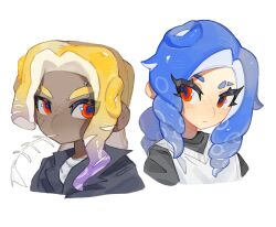 Rule 34 | 2boys, blonde hair, blue hair, closed mouth, commentary, commission, dark-skinned male, dark skin, eyebrow cut, eyelashes, fish bone, gradient hair, highres, male focus, medium hair, multicolored hair, multiple boys, nintendo, octoling, octoling boy, octoling player character, purple hair, red eyes, redbeanpie0, simple background, splatoon (series), tentacle hair, thick eyebrows, two-tone hair, upper body, white background