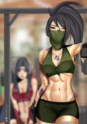 Rule 34 | 2girls, akali, arm tattoo, artist name, bare shoulders, black gloves, black hair, blurry, blurry background, breasts, cleavage, cowboy shot, gloves, green shorts, hayashidraws, highres, instagram logo, irelia, jewelry, league of legends, long hair, looking at viewer, medium breasts, mouth veil, multiple girls, navel, necklace, ponytail, shorts, signature, solo focus, stomach, tattoo, toned, twitter logo, veil
