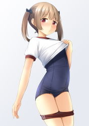 Rule 34 | 1girl, black bow, blue one-piece swimsuit, blush, bow, brown hair, buruma, buruma pull, closed mouth, clothes lift, clothes pull, commentary request, gradient background, grey background, gym shirt, gym uniform, hair bow, highres, lifting own clothes, long hair, looking at viewer, old school swimsuit, one-piece swimsuit, original, puffy short sleeves, puffy sleeves, red buruma, red eyes, school swimsuit, shibacha, shirt, shirt lift, short sleeves, sidelocks, solo, swimsuit, swimsuit under clothes, twintails, white background, white shirt