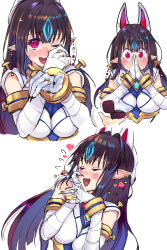 Rule 34 | 1girl, absurdres, animal ears, aura, black hair, blush, breasts, earrings, fox mask, hair ornament, happy tears, heart, highres, japanese clothes, jewelry, kasandra (xenoblade), large breasts, long hair, looking at viewer, mask, negresco, one eye closed, open mouth, ornate ring, pointy ears, marriage proposal, red eyes, ring, ring box, simple background, smile, solo, tears, wedding ring, white background, xenoblade chronicles (series), xenoblade chronicles 2