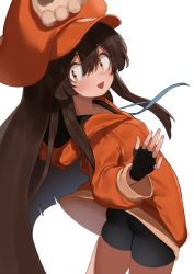 Rule 34 | 1girl, absurdres, ass, ass focus, bike shorts, brown hair, fingerless gloves, flasso, gloves, guilty gear, guilty gear strive, hat, highres, hood, hoodie, looking at viewer, may (guilty gear), orange eyes, orange hat, orange hoodie, pirate hat, skull and crossbones, solo, white background