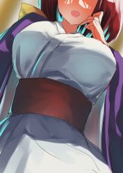 Rule 34 | 1girl, blurry, blurry background, blush, bow, breast focus, breasts, head out of frame, highres, japanese clothes, kimono, kotohime (touhou), large breasts, open mouth, red hair, solo, teruteru12, touhou