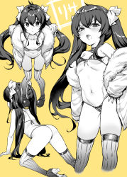 Rule 34 | 1girl, all fours, ass, bikini, blush, bow, breasts, front-tie bikini top, front-tie top, fur trim, greyscale, greyscale with colored background, hair between eyes, hair bow, idolmaster, idolmaster cinderella girls, jacket, long hair, looking at viewer, matoba risa, monochrome, multiple views, mushi024, navel, off shoulder, open clothes, open jacket, pigeon-toed, sidelocks, simple background, small breasts, solo focus, standing, string bikini, striped bikini, striped clothes, swimsuit, thighhighs, thong bikini, twintails, vertical-striped bikini, vertical-striped clothes, very long hair, yellow background