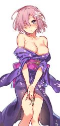 Rule 34 | 1girl, alternate costume, bare shoulders, blush, breasts, cleavage, collarbone, disheveled, fate/grand order, fate (series), flower, hair flower, hair ornament, japanese clothes, kimono, large breasts, light purple hair, looking at viewer, mash kyrielight, purple eyes, short hair, solo, yukata, yuran