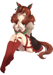 Rule 34 | 1girl, animal ears, bow, brown eyes, brown hair, commentary request, ear covers, ear ribbon, frilled skirt, frills, full body, highres, horse ears, horse girl, horse tail, juliet sleeves, kneehighs, knees up, kouji (campus life), long hair, long sleeves, looking at viewer, multicolored hair, nice nature (umamusume), puffy sleeves, red hair, sitting, skirt, socks, solo, streaked hair, tail, thighs, twintails, two-tone hair, umamusume, white background