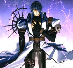 Rule 34 | 1boy, bad id, bad pixiv id, belt, blue hair, coat, electricity, fingerless gloves, gloves, hair over one eye, hand on own chest, leather, leather pants, legato bluesummers, male focus, pants, short hair, skull, slit pupils, solo, soot (susuoke), spikes, trigun, turtleneck, white coat, yellow eyes