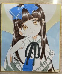 Rule 34 | 1girl, blue bow, blunt bangs, bow, brown eyes, brown hair, closed mouth, commentary request, fairy wings, finger to mouth, frilled shirt collar, frills, hair bow, hand up, head tilt, highres, looking at viewer, sidelocks, smile, solo, star sapphire, takahashi kouta, touhou, traditional media, wings