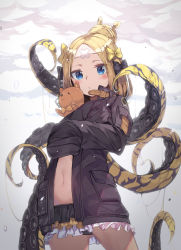 Rule 34 | 1girl, abigail williams (fate), abigail williams (traveling outfit) (fate), black bow, black panties, blonde hair, blue eyes, blush, bow, closed mouth, coat, commentary, crossed bandaids, fate/grand order, fate (series), forehead, frilled skirt, frills, heroic spirit traveling outfit, holding, holding stuffed toy, long hair, long sleeves, looking at viewer, miniskirt, navel, newey, official alternate costume, open clothes, open coat, panties, pantyshot, parted bangs, skirt, sleeves past fingers, sleeves past wrists, solo, standing, stuffed animal, stuffed toy, suction cups, teddy bear, tentacles, underwear, yellow bow
