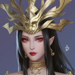 Rule 34 | 1girl, artist request, black hair, blue background, cai lin (doupo cangqiong), closed mouth, collar, doupo cangqiong, earrings, hair ornament, highres, jewelry, long hair, metal collar, pointy ears, portrait, red eyes, second-party source, slit pupils, solo