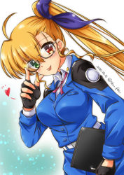 Rule 34 | 1girl, :p, adjusting eyewear, ahoge, bespectacled, black gloves, blonde hair, blue jacket, breasts, commentary request, dated, dutch angle, fingerless gloves, glasses, gloves, green eyes, hair ribbon, heterochromia, holding, holding notebook, jacket, large breasts, long hair, looking at viewer, lyrical nanoha, mahou shoujo lyrical nanoha vivid, notebook, pink neckwear, purple ribbon, red eyes, ribbon, san-pon, solo, tongue, tongue out, tsab naval military uniform, twitter username, very long hair, vivio