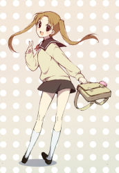 Rule 34 | 10s, 1girl, :d, bag, beige background, beige sweater, blonde hair, blush, brown eyes, brown footwear, brown skirt, collar, dot nose, floating hair, from behind, full body, hand up, charm (object), kneehighs, loafers, long hair, long sleeves, looking at viewer, looking back, neck ribbon, okayu-k, okazaki norie, open mouth, parted bangs, polka dot, polka dot background, red ribbon, ribbon, sailor collar, school bag, school uniform, shadow, shiny skin, shoes, skirt, smile, socks, solo, standing, stuffed toy, sweater, tamayura, tareme, teeth, twintails, upper teeth only, v
