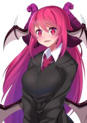 Rule 34 | 1girl, alternate costume, blazer, blush, breast hold, breasts, demon girl, demon horns, demon wings, fang, head wings, highres, hitotsuki nebura, horns, jacket, koakuma, large breasts, long hair, looking at viewer, necktie, parted lips, red eyes, red hair, red necktie, smile, solo, touhou, upper body, wings