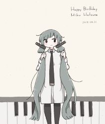Rule 34 | 1girl, black eyes, black necktie, blush, character name, collared shirt, dated, east sha2, english text, happy birthday, hatsune miku, long hair, muted color, necktie, no nose, pantyhose, piano keys, shirt, smile, solo, twintails, very long hair, vocaloid, white shirt