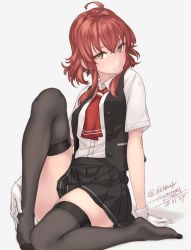 Rule 34 | 1girl, ahoge, arashi (kancolle), artist name, black skirt, black vest, blouse, brown eyes, dated, feet, female focus, gloves, grey background, hands on feet, kantai collection, long hair, looking at viewer, no shoes, open mouth, pleated skirt, red hair, rokuwata tomoe, shirt, short sleeves, simple background, skirt, solo, twitter username, vest, white gloves, white shirt