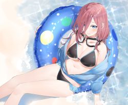 Rule 34 | 1girl, bare legs, beach, bikini, black bikini, blue eyes, blue jacket, breasts, brown hair, cleavage, day, from above, go-toubun no hanayome, goggles, goggles around neck, hair between eyes, hayashi kewi, innertube, jacket, large breasts, long hair, looking at viewer, nakano miku, navel, off shoulder, open clothes, open jacket, outdoors, shore, sitting, smile, solo, swim ring, swimsuit, water