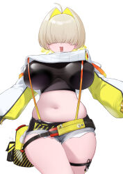 Rule 34 | 1girl, absurdres, ahoge, blonde hair, breasts, breasts apart, commentary, commentary request, covered erect nipples, cowboy shot, dongye1551, dot nose, elegg (nikke), exposed pocket, facing viewer, goddess of victory: nikke, grey shorts, hair intakes, hair over eyes, highres, large breasts, long bangs, long sleeves, medium hair, multicolored hair, navel, open mouth, outstretched arms, plump, short shorts, shorts, simple background, solo, straight-on, suspender shorts, suspenders, thick thighs, thigh strap, thighs, two-tone hair, unzipped, white background, zipper, zipper pull tab