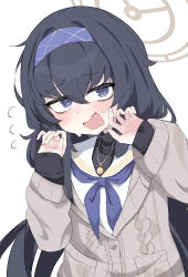 Rule 34 | 1girl, @ @, absurdres, bags under eyes, black hair, black sweater, blue archive, blue neckerchief, blush, cardigan, crossed bangs, flying sweatdrops, gold necklace, hair between eyes, halo, highres, jewelry, long sleeves, looking at viewer, low twintails, neckerchief, necklace, sailor collar, shiroron mochi, shirt, simple background, sleeves past wrists, solo, standing, sweat, sweater, turtleneck, turtleneck sweater, twintails, ui (blue archive), upper body, white background, white sailor collar, white shirt