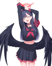 Rule 34 | 1girl, :d, ^ ^, absurdres, armband, arms up, black choker, black gloves, black sailor collar, black serafuku, black skirt, black wings, blue archive, blunt bangs, choker, closed eyes, collarbone, commentary, english commentary, english text, feathered wings, gloves, hair ornament, hairclip, halo, highres, ichika (blue archive), long hair, long sleeves, looking at viewer, low wings, navel, neckerchief, open mouth, parted bangs, pleated skirt, red armband, red halo, red neckerchief, sailor collar, school uniform, serafuku, shizudraw, sidelocks, simple background, skirt, smile, solo, stomach, stretching, white background, wings