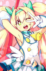 Rule 34 | 1girl, arm up, armpits, artist name, bell, blazblue, blonde hair, commentary, commission, english commentary, frills, green eyes, hair ribbon, hairband, heart, heart-shaped pupils, heart in mouth, highres, long hair, lyn (shunao), miniskirt, one eye closed, pink background, platinum the trinity, polearm, ribbon, skirt, solo, symbol-shaped pupils, twintails, very long hair, weapon