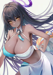 Rule 34 | 1girl, ahoge, arched back, bare arms, bare shoulders, black hair, blue archive, blush, breasts, cheerleader, cleavage, closed mouth, commentary request, criss-cross halter, dark-skinned female, dark skin, detached collar, embarrassed, hair between eyes, halterneck, hand on own hip, huge breasts, karin (blue archive), leaning forward, looking at viewer, midriff, millennium cheerleader outfit (blue archive), miniskirt, mochimochi dando, navel, parted hair, pleated skirt, pom pom (cheerleading), skirt, solo, sports bra, white skirt, yellow eyes