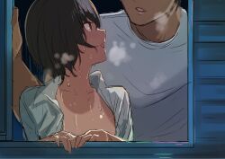 Rule 34 | 1boy, 1girl, afterglow, aftersex, against window, akagi asahito, amagami, black hair, blush, breasts, breath, collarbone, commentary, couple, dress shirt, faceless, faceless male, from outside, hair net, hand on window, hand rest, head out of frame, hetero, highres, hot, indoors, looking at another, looking to the side, naked shirt, nanasaki ai, night, no bra, nose blush, one-piece tan, open clothes, open mouth, open shirt, open window, own hands together, shirt, short hair, short sleeves, sketch, small breasts, smile, solo focus, steam, steaming body, stray hair, sweat, t-shirt, tachibana jun&#039;ichi, talking, tan, tanline, wet, wet hair, white shirt, window, windowsill