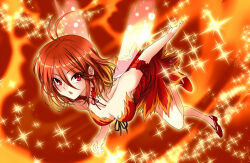 Rule 34 | 1girl, amagi brilliant park, bare shoulders, blush, breasts, cleavage, collarbone, dress, fairy, fairy wings, female focus, full body, kaikai, looking at viewer, medium breasts, open mouth, orange hair, red dress, red eyes, salama (amaburi), shiny skin, short hair, simple background, solo, sparkle background, wings