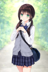 Rule 34 | 1girl, bag, black hair, blue bow, blue skirt, blurry, blurry background, blush, bow, cardigan vest, closed mouth, collared shirt, commentary request, day, depth of field, green eyes, hands up, highres, long hair, long sleeves, looking at viewer, low twintails, original, outdoors, own hands together, pleated skirt, rimo, school uniform, shirt, shoulder bag, skirt, smile, solo, standing, twintails, white shirt