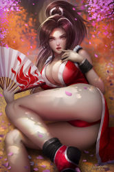 Rule 34 | bare shoulders, breasts, brown eyes, brown hair, cleavage, falling petals, fatal fury, finger to mouth, folding fan, hand fan, high ponytail, highres, holding, holding fan, japanese clothes, large breasts, looking at viewer, lying, ninja, on side, petals, ponytail, red lips, revealing clothes, rope, shiranui mai, solo, the king of fighters, thong, turewindwalker